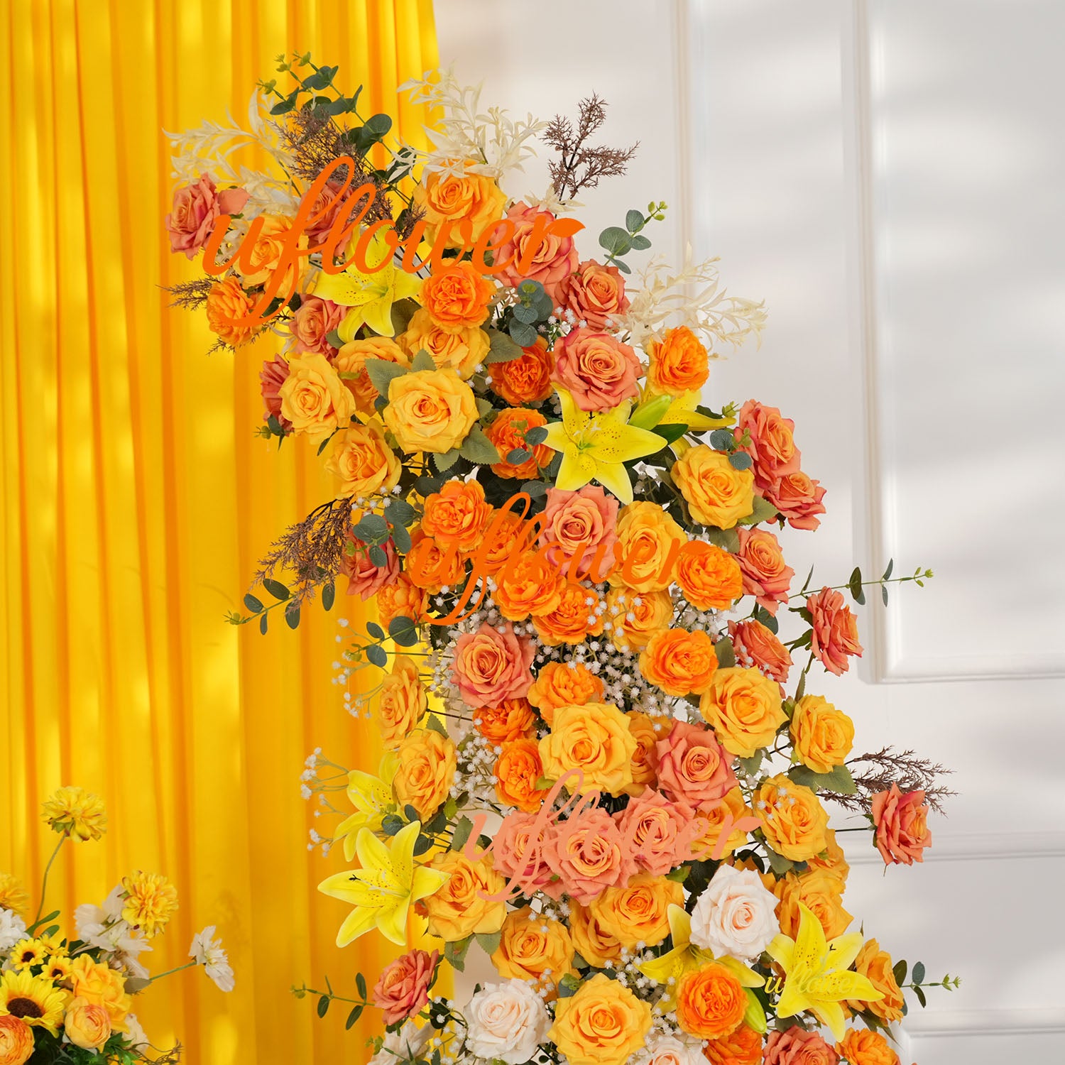 Uflower Orange Yellow Floral Horn Arch Wedding Party Backdrop Decor